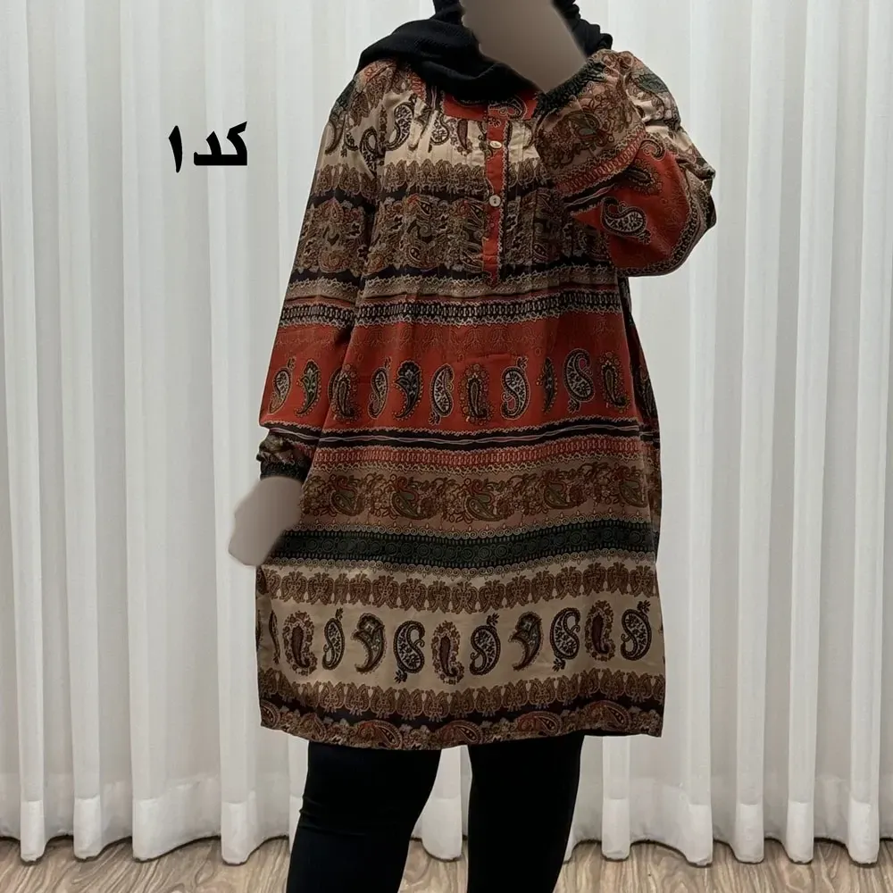 تونیک سایزبزرگ وارداتی مدل ترمه افقی کد 1617 جنس نخی چهارفصل زنانه سایز 6 تا 8